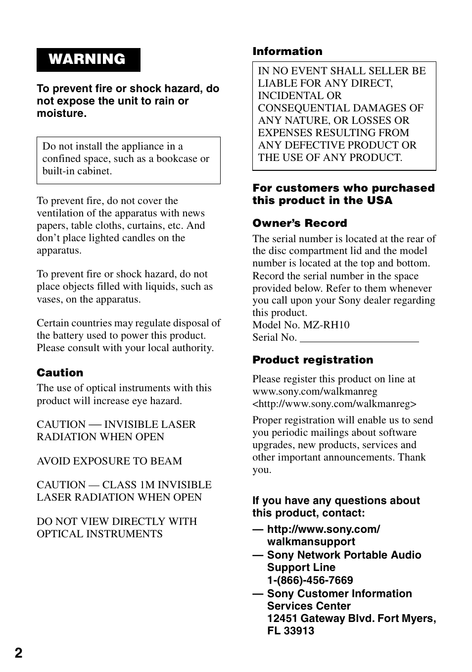Warning | Sony MZ-RH10 User Manual | Page 2 / 119
