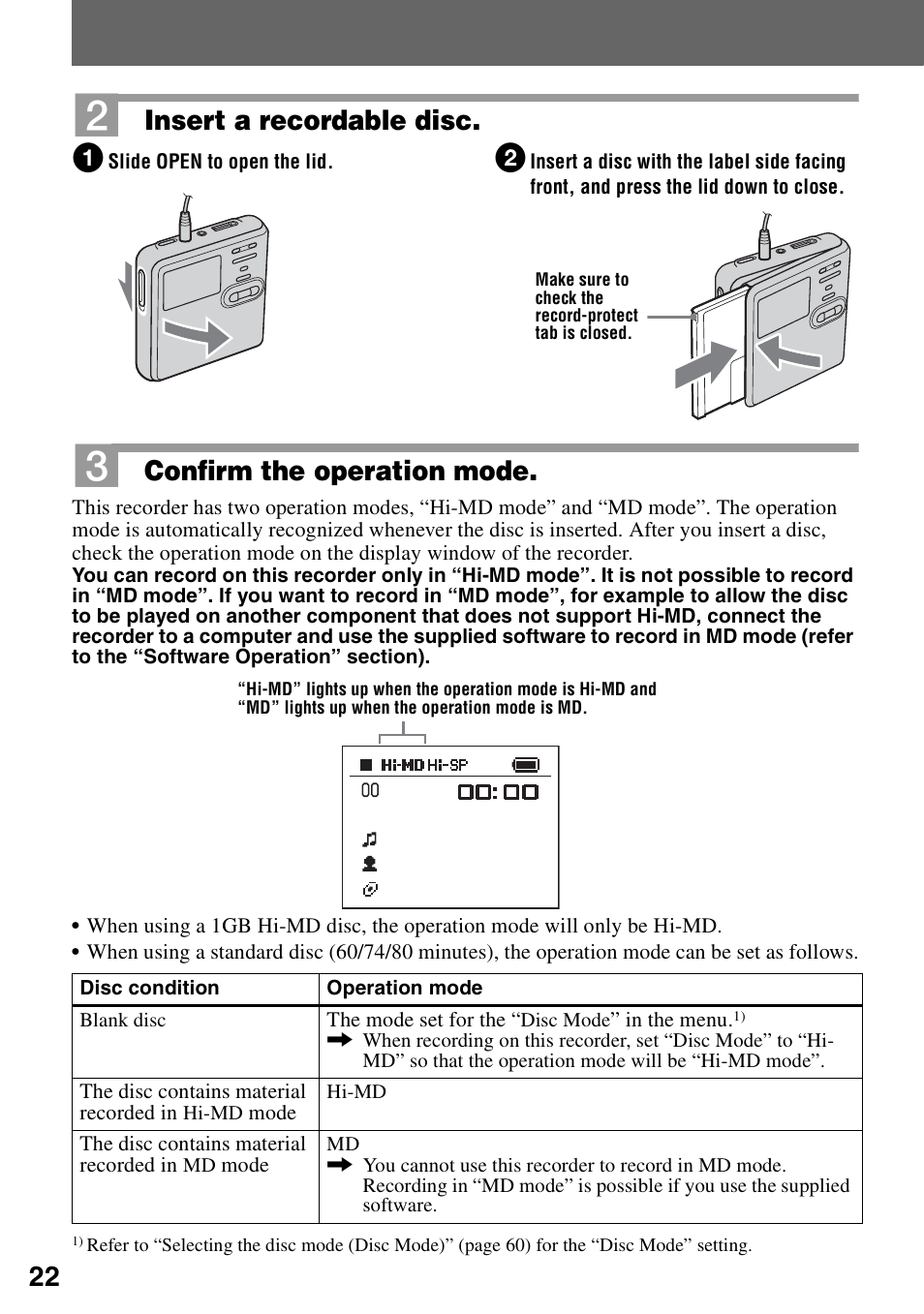 Insert a recordable disc, Confirm the operation mode | Sony MZ-RH10 User Manual | Page 22 / 119
