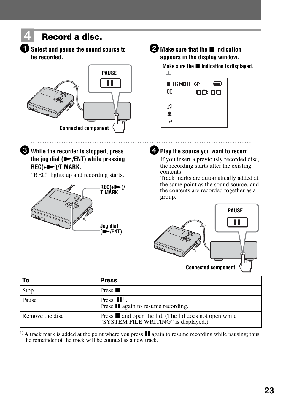 Record a disc | Sony MZ-RH10 User Manual | Page 23 / 119