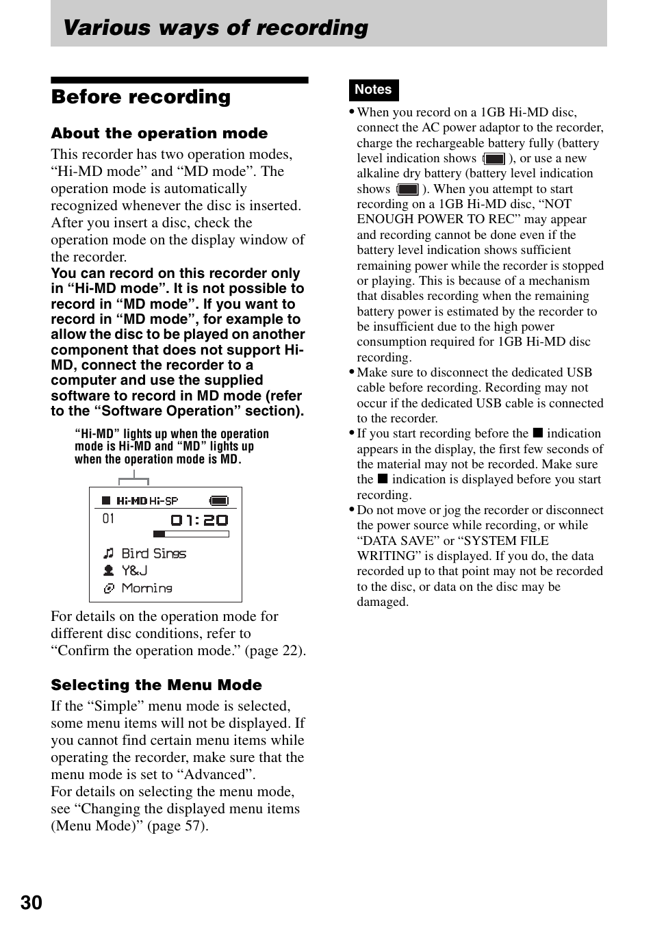 Various ways of recording, Before recording | Sony MZ-RH10 User Manual | Page 30 / 119