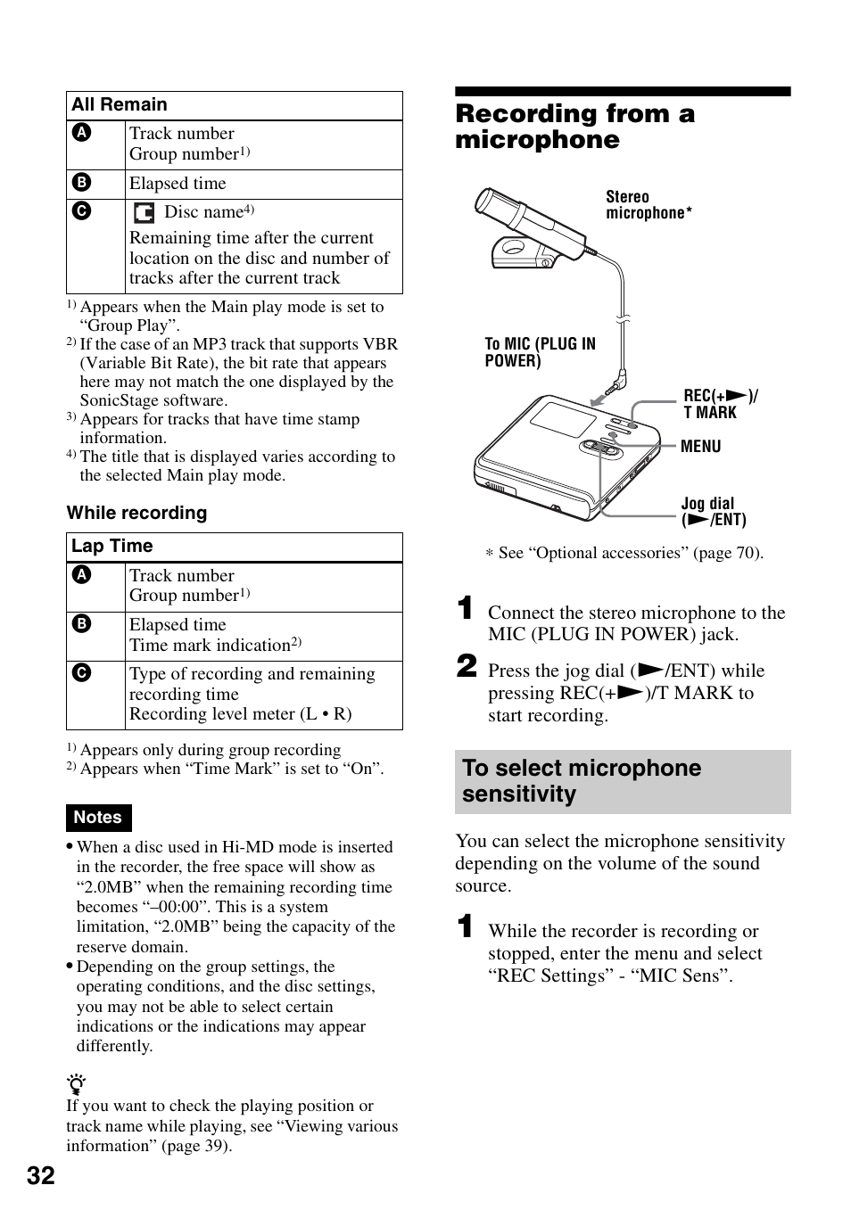 Recording from a microphone, To select microphone sensitivity | Sony MZ-RH10 User Manual | Page 32 / 119