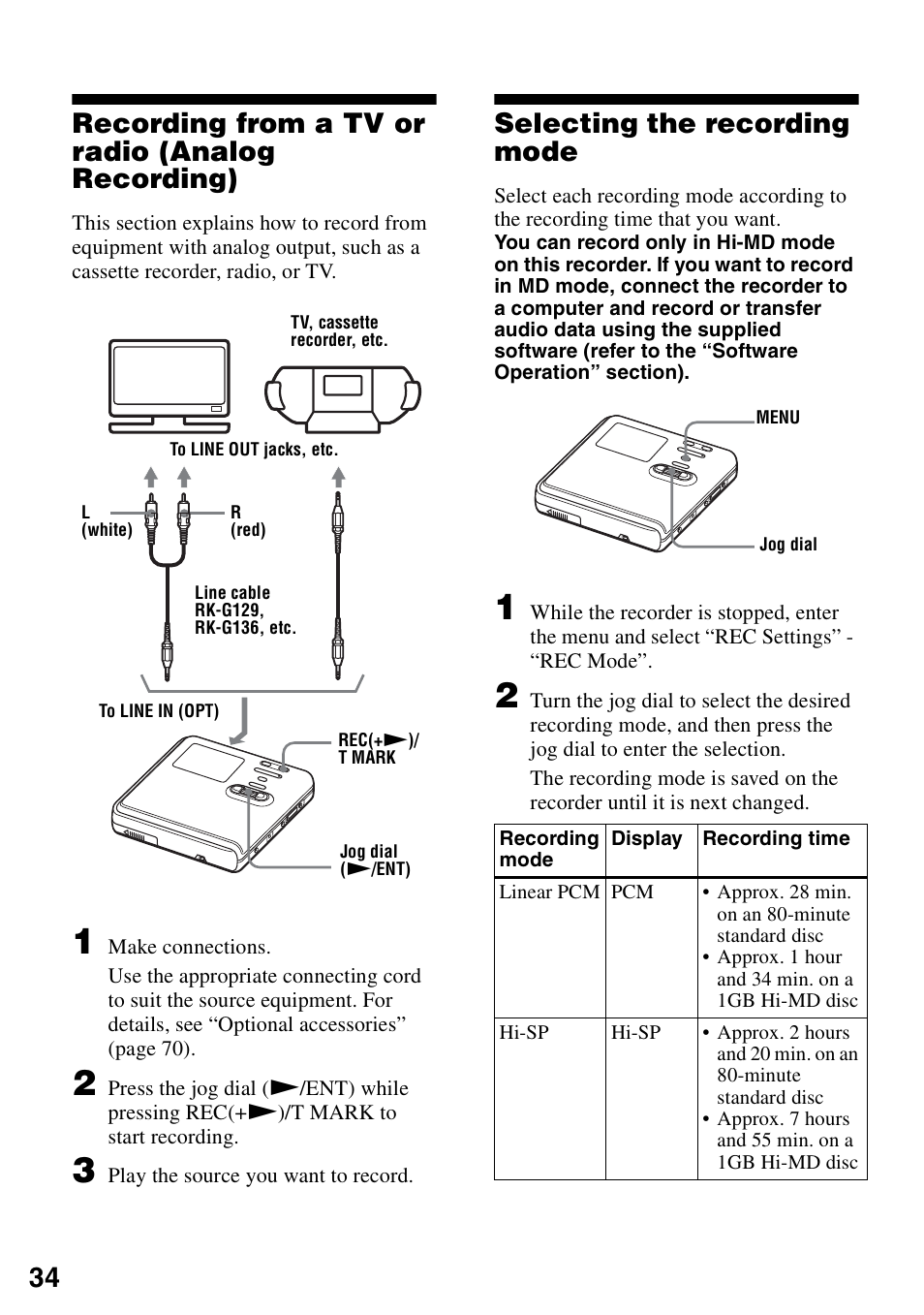 Recording from a tv or radio (analog recording), Selecting the recording mode, 34 recording from a tv or radio (analog recording) | Sony MZ-RH10 User Manual | Page 34 / 119