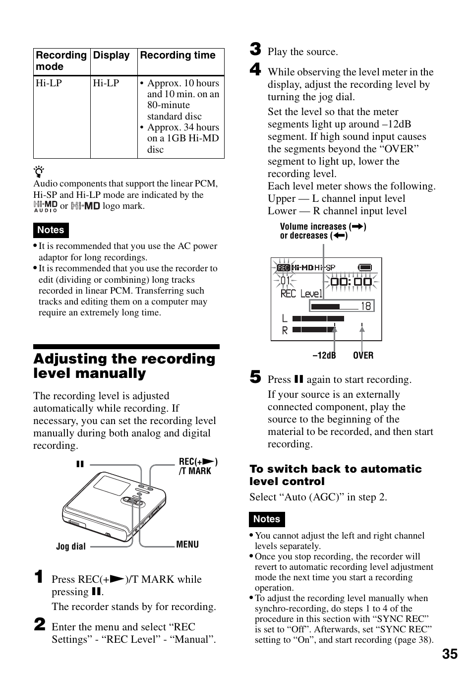 Adjusting the recording level manually | Sony MZ-RH10 User Manual | Page 35 / 119