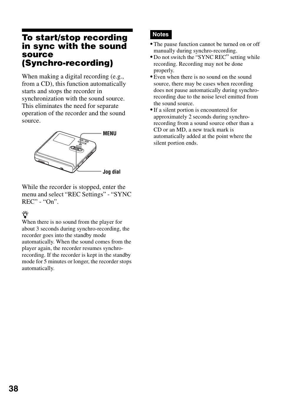 Synchro-recording) | Sony MZ-RH10 User Manual | Page 38 / 119