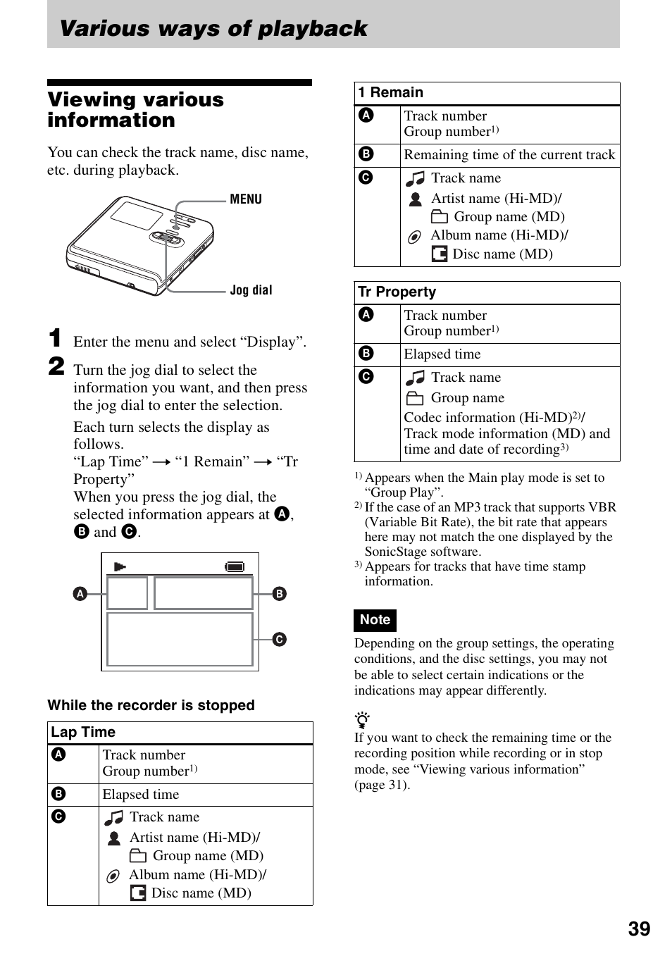 Various ways of playback, Viewing various information | Sony MZ-RH10 User Manual | Page 39 / 119