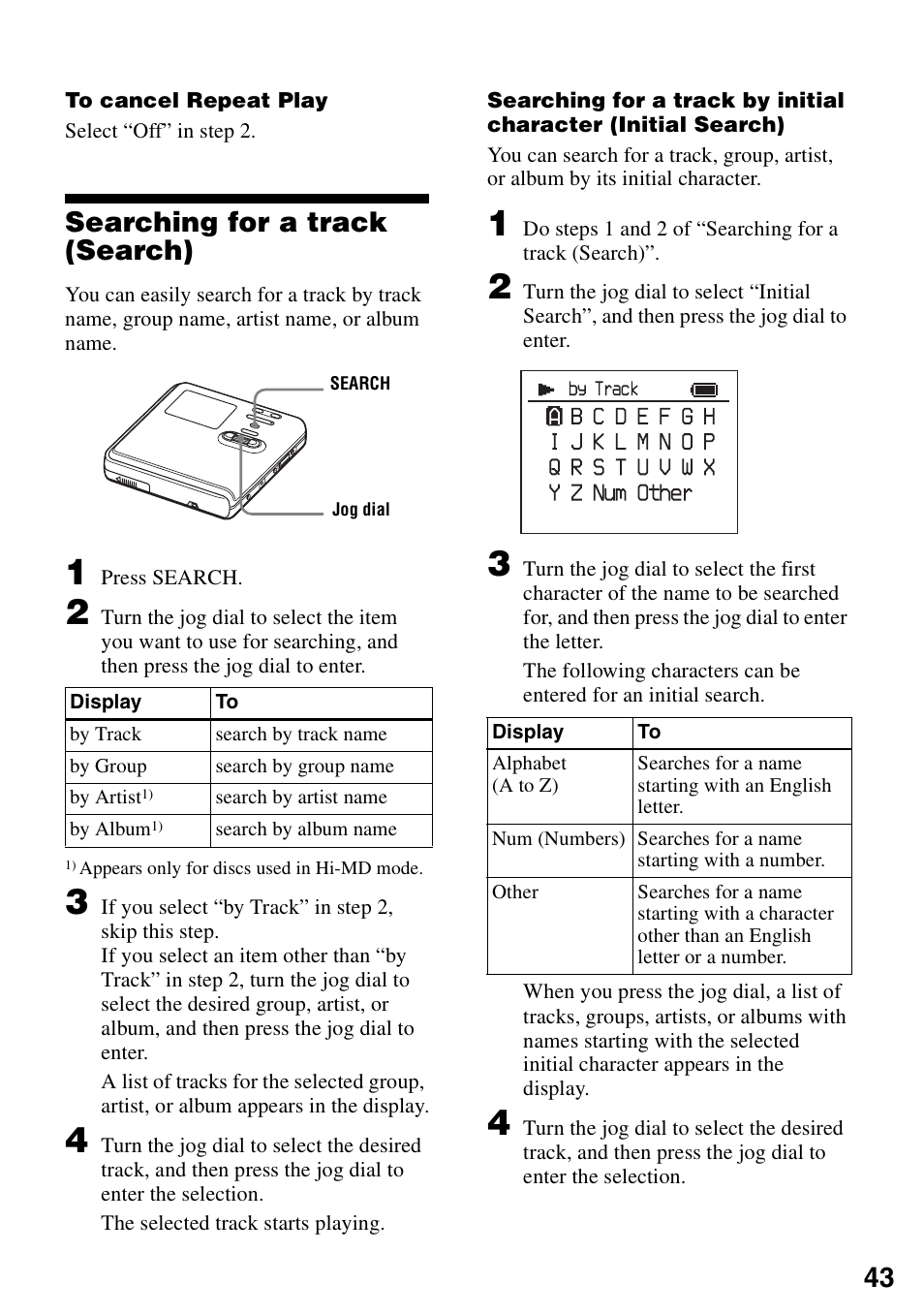 Searching for a track (search) | Sony MZ-RH10 User Manual | Page 43 / 119