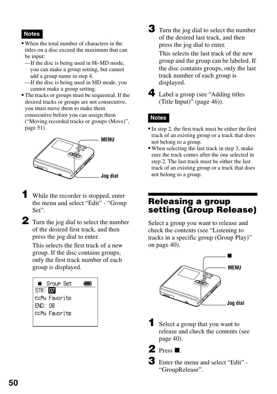 Releasing a group setting (group release) | Sony MZ-RH10 User Manual | Page 50 / 119