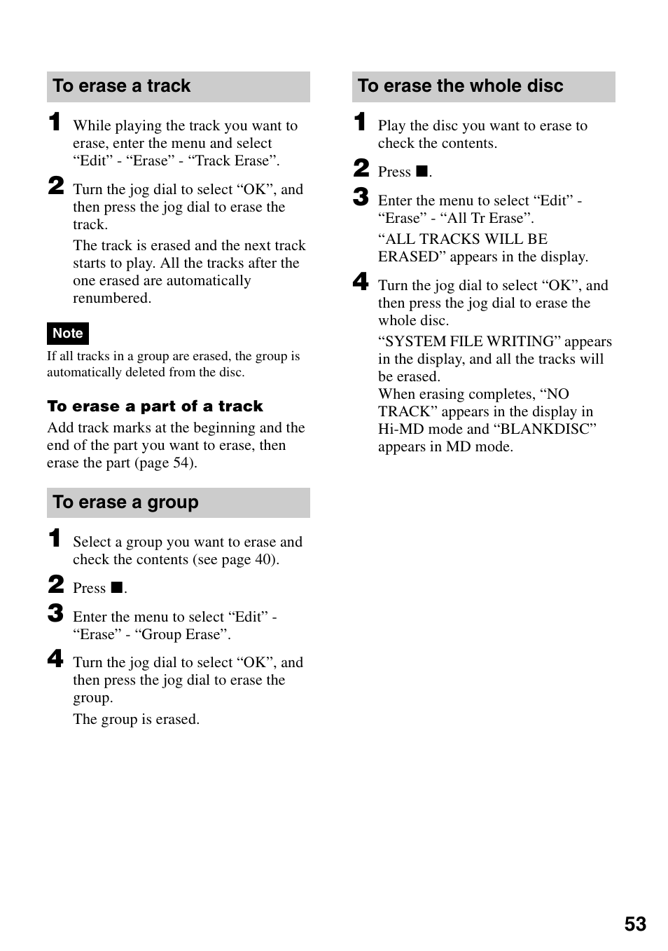 To erase a track, To erase a group, To erase the whole disc | Sony MZ-RH10 User Manual | Page 53 / 119