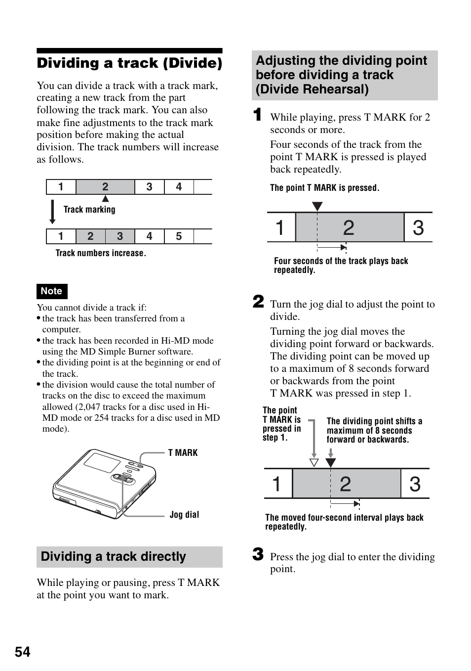 Dividing a track (divide), Dividing a track directly, 54 dividing a track (divide) | Sony MZ-RH10 User Manual | Page 54 / 119