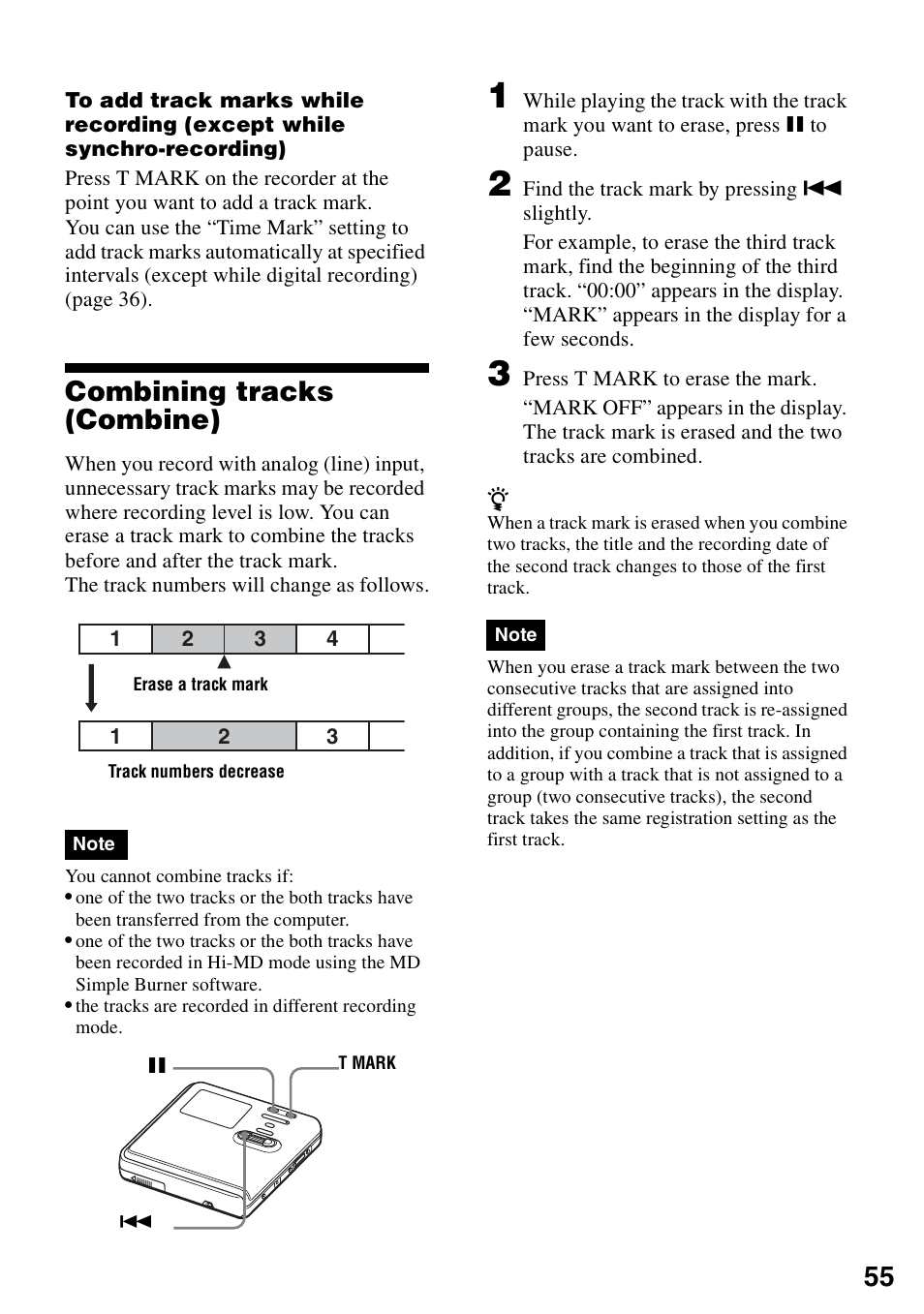 Combining tracks (combine) | Sony MZ-RH10 User Manual | Page 55 / 119