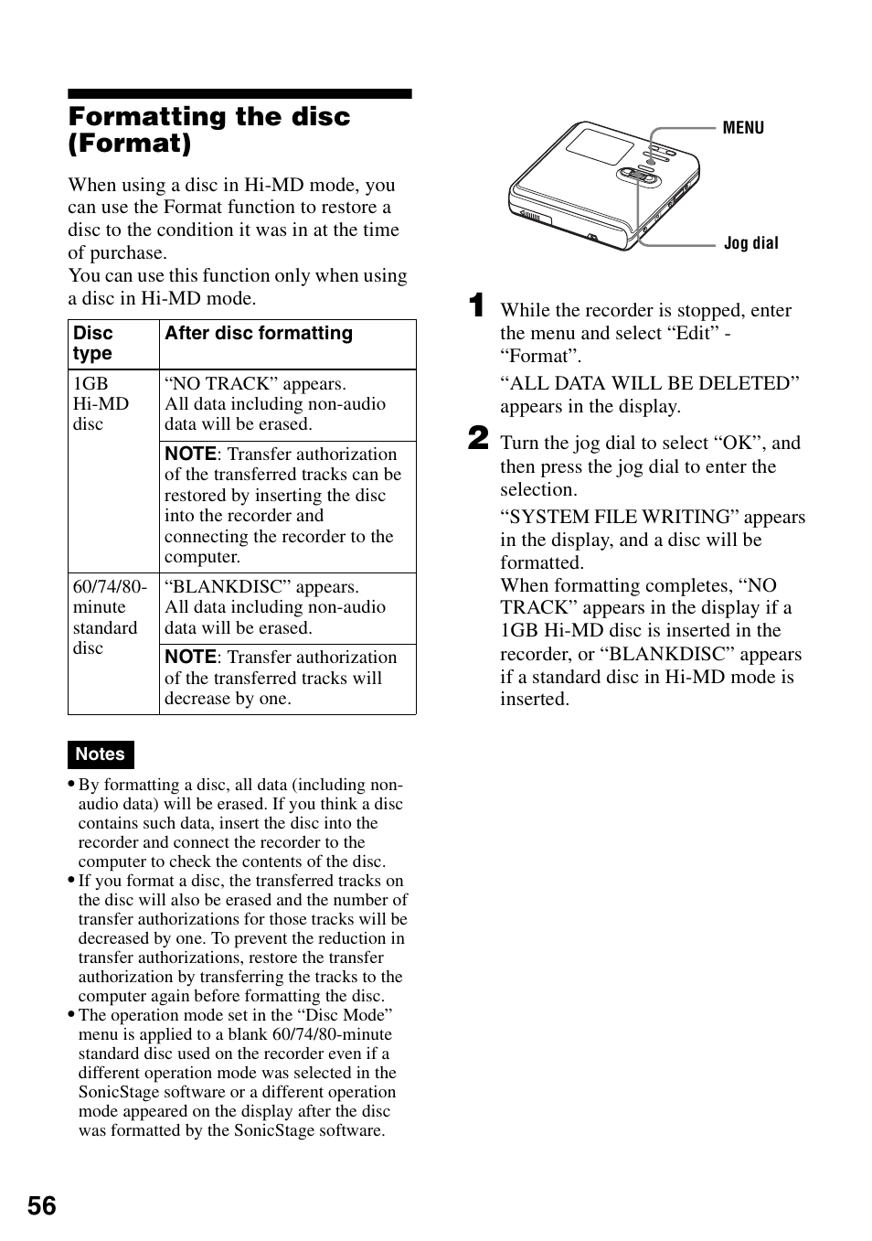 Formatting the disc (format), 56 formatting the disc (format) | Sony MZ-RH10 User Manual | Page 56 / 119