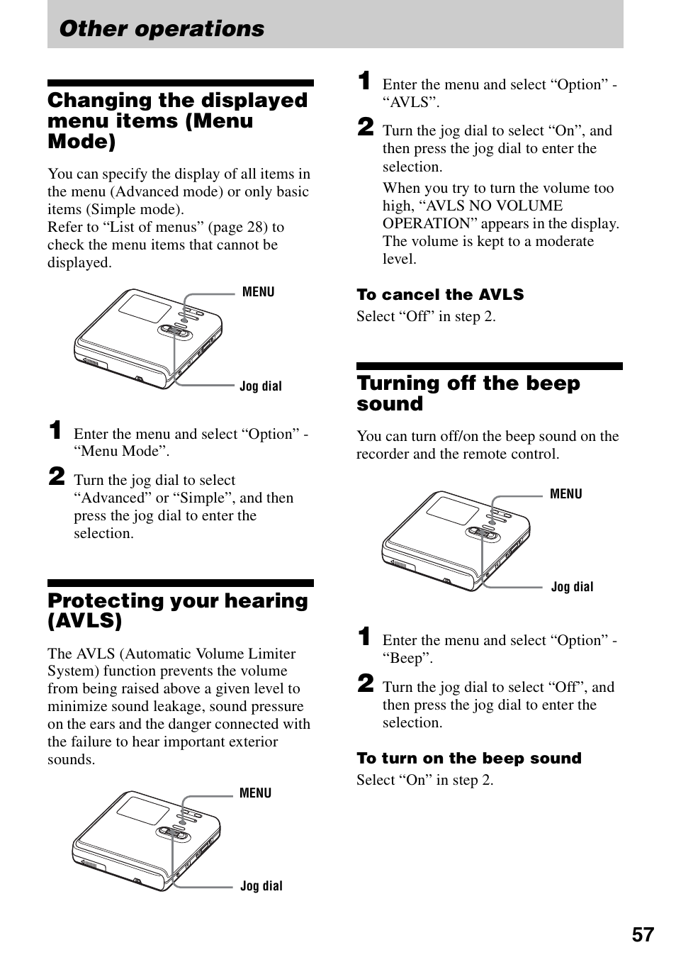 Other operations, Changing the displayed menu items (menu mode), Protecting your hearing (avls) | Turning off the beep sound | Sony MZ-RH10 User Manual | Page 57 / 119