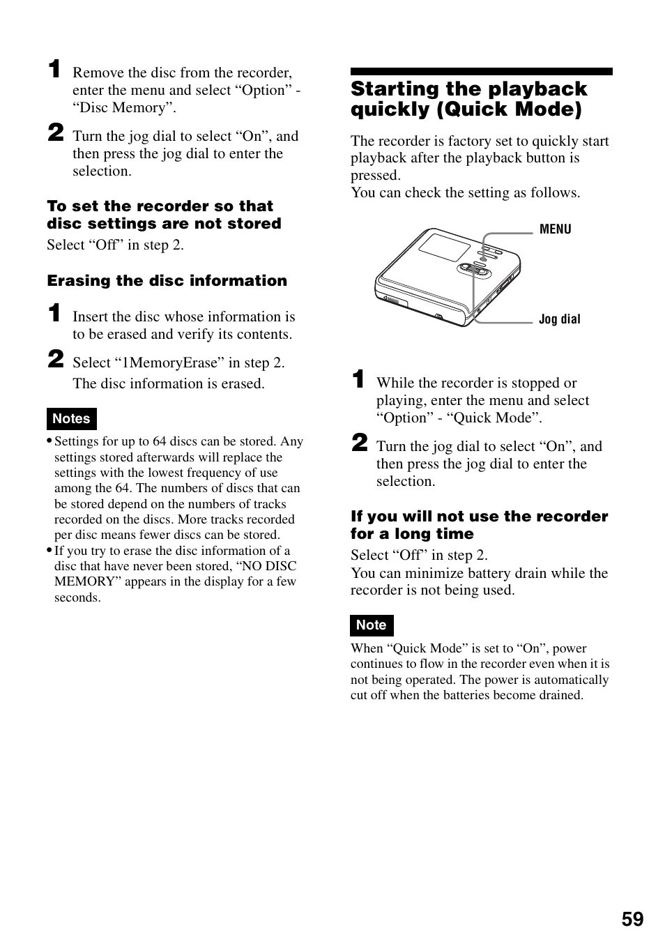 Starting the playback quickly (quick mode) | Sony MZ-RH10 User Manual | Page 59 / 119