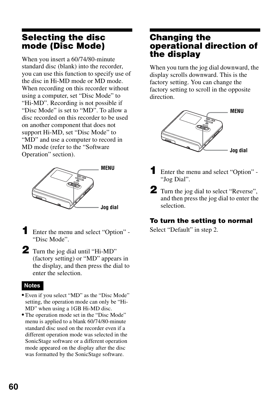 Selecting the disc mode (disc mode), Changing the operational direction of the display, 60 selecting the disc mode (disc mode) | Sony MZ-RH10 User Manual | Page 60 / 119