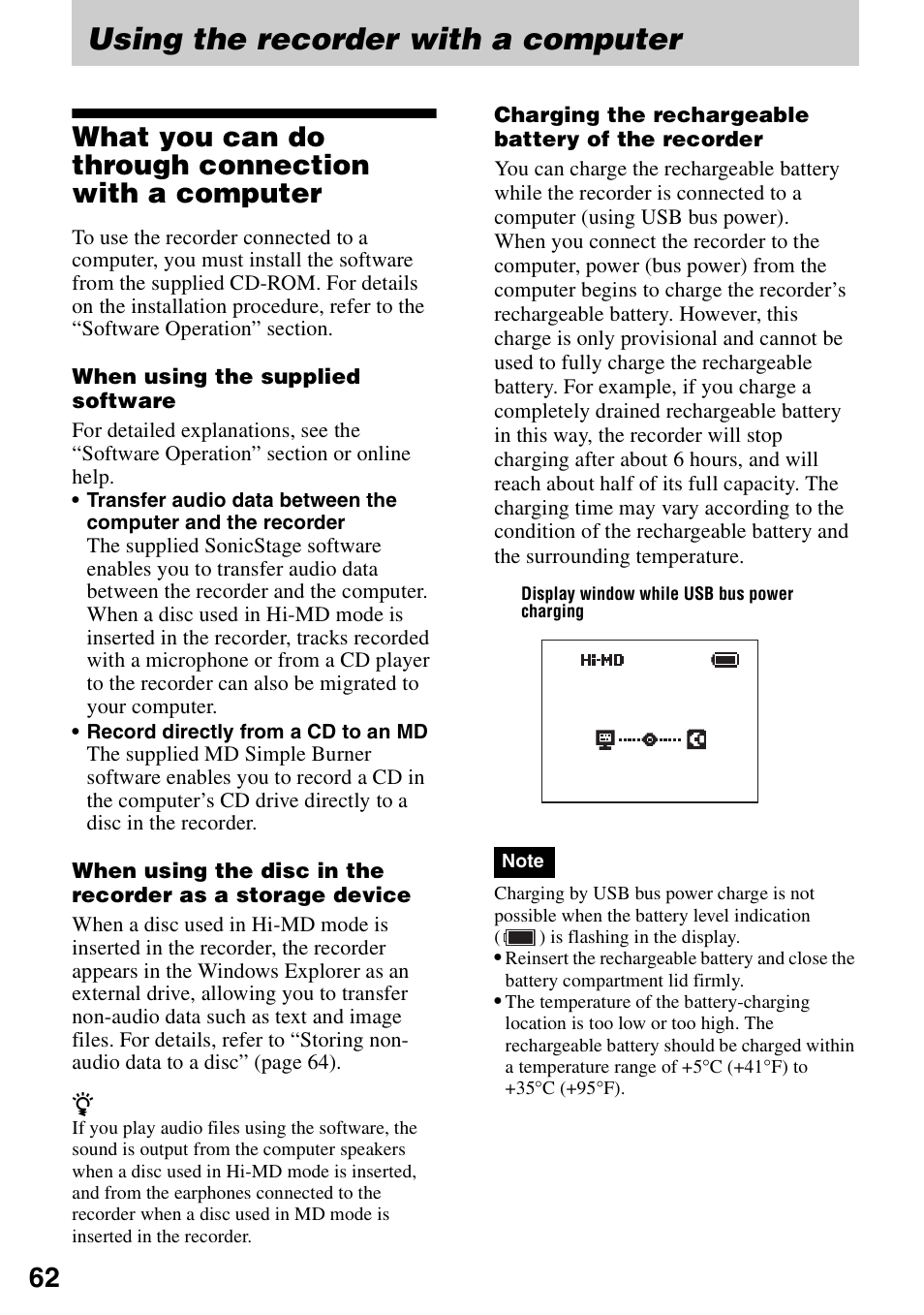 Using the recorder with a computer, What you can do through connection with a computer | Sony MZ-RH10 User Manual | Page 62 / 119