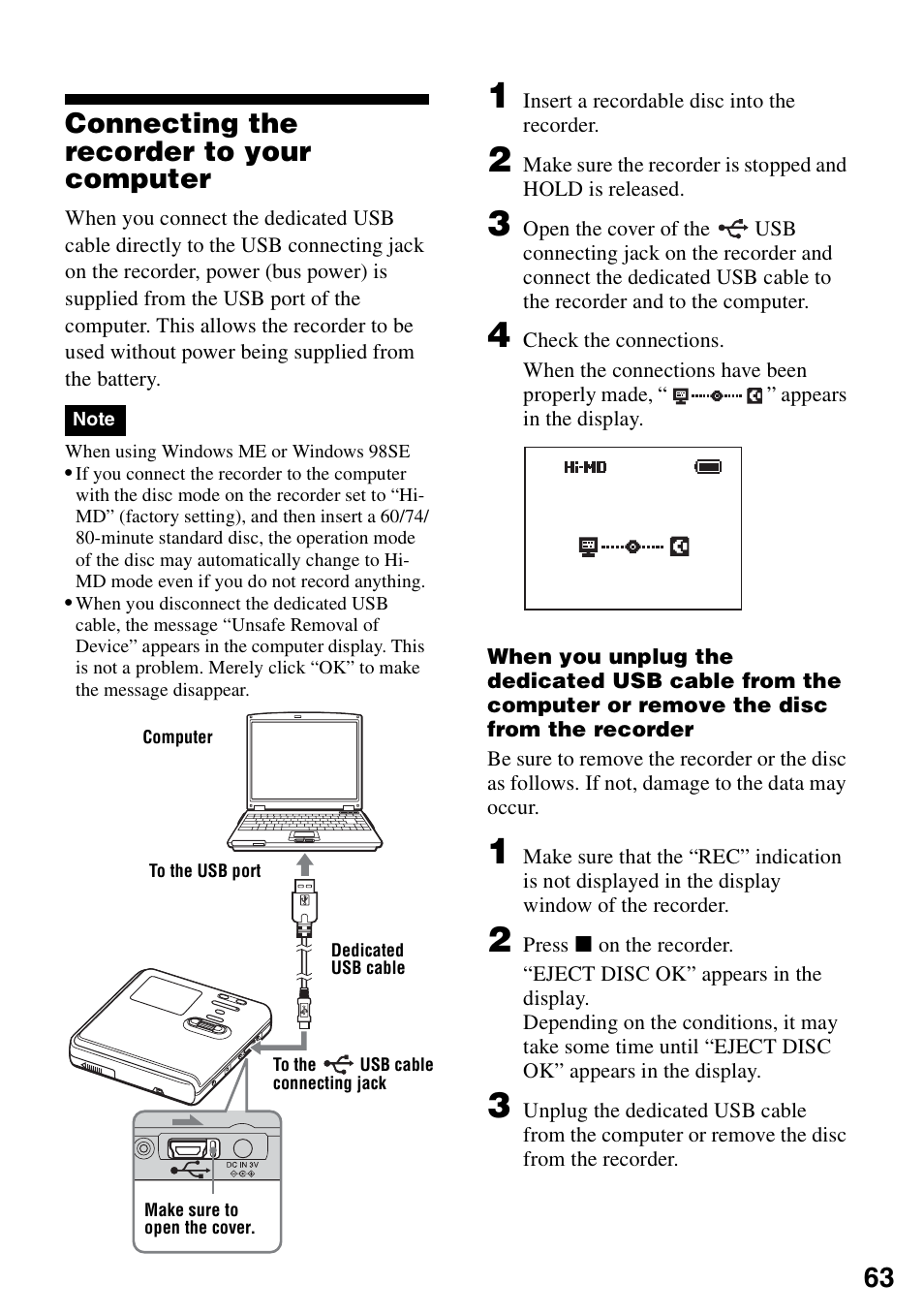 Connecting the recorder to your computer, 63 connecting the recorder to your computer | Sony MZ-RH10 User Manual | Page 63 / 119