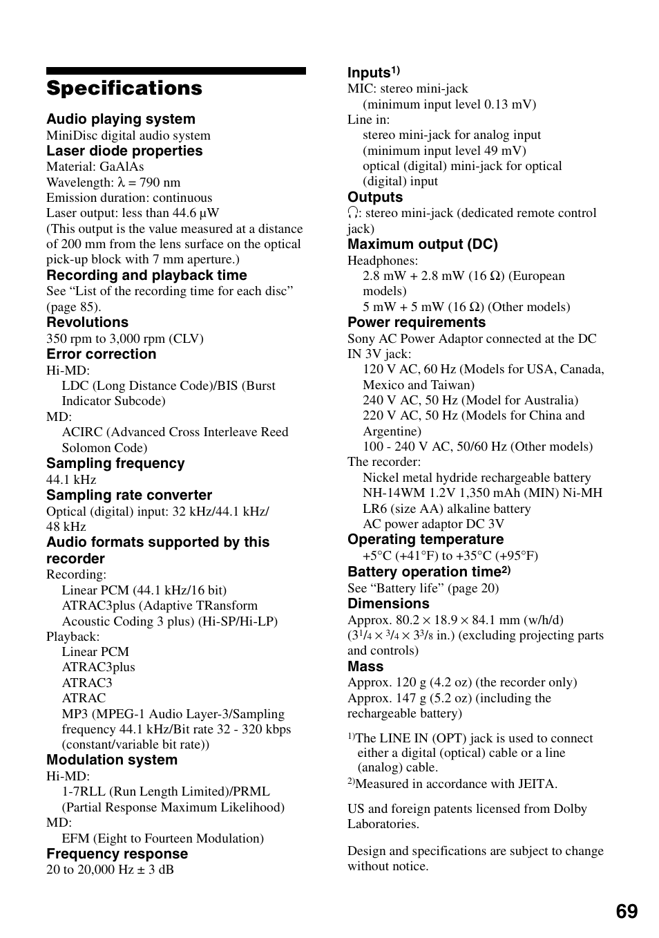 Specifications, 69 specifications | Sony MZ-RH10 User Manual | Page 69 / 119