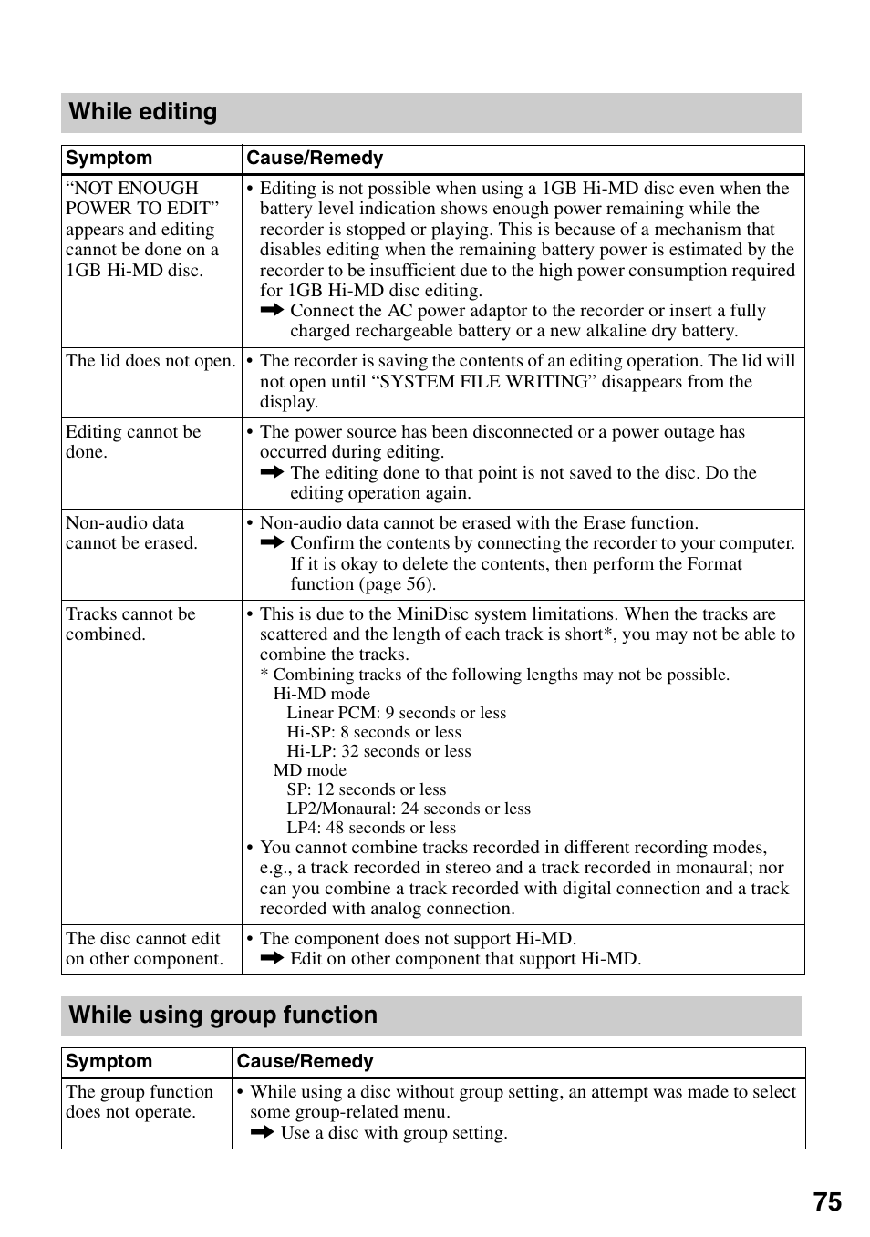 While editing, While using group function | Sony MZ-RH10 User Manual | Page 75 / 119