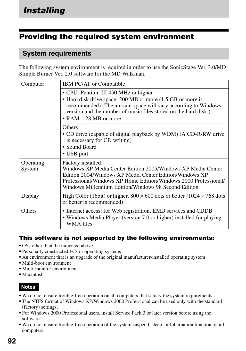 Installing, Providing the required system environment, System requirements | Sony MZ-RH10 User Manual | Page 92 / 119