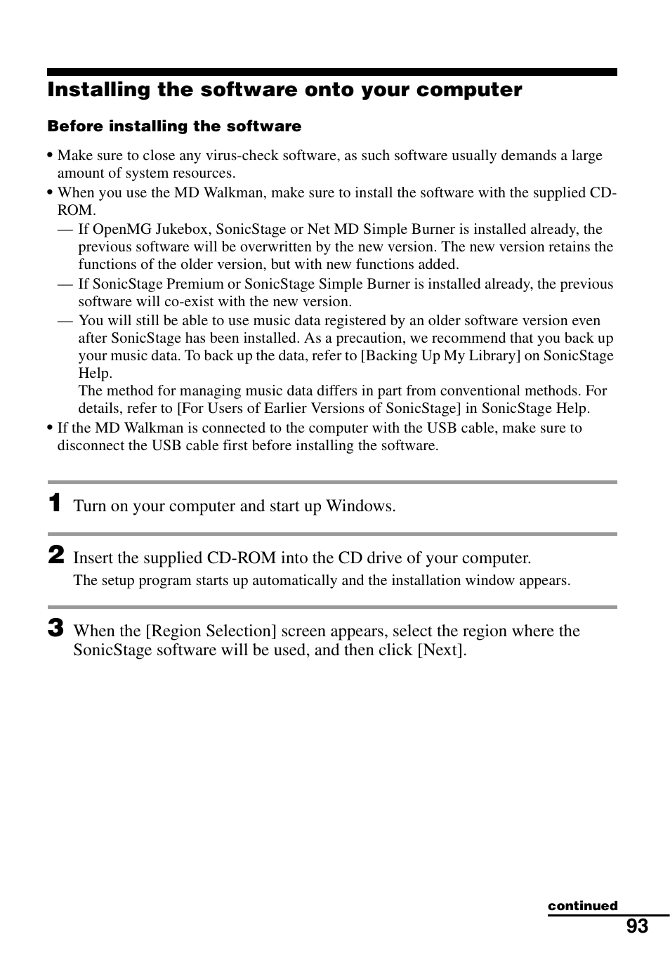 Installing the software onto your computer, 93 installing the software onto your computer | Sony MZ-RH10 User Manual | Page 93 / 119