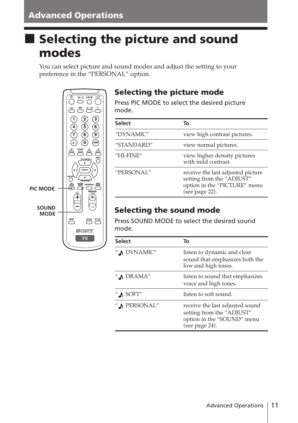 Advanced operations, Selecting the picture and sound modes, Selecting the sound mode | Selecting the picture mode, Press sound mode to select the desired sound mode, Press pic mode to select the desired picture mode | Sony WEGA KV-DR34 User Manual | Page 11 / 37