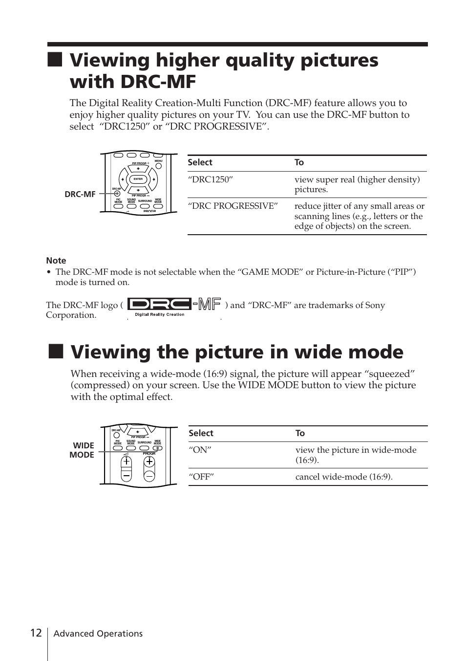 Viewing the picture in wide mode, Viewing higher quality pictures with drc-mf, Advanced operations | Sony WEGA KV-DR34 User Manual | Page 12 / 37