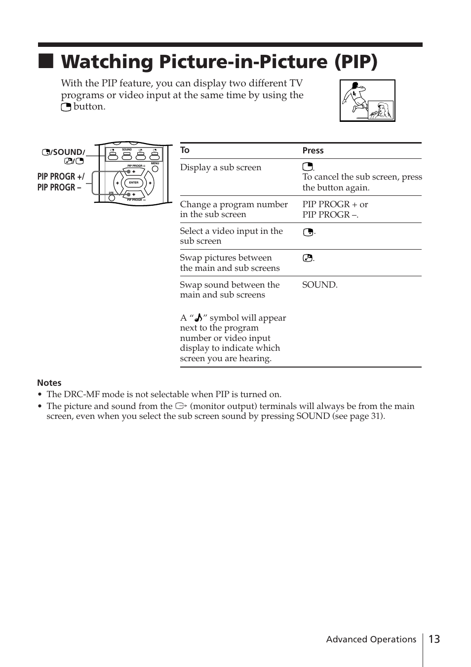 Watching picture-in-picture (pip) | Sony WEGA KV-DR34 User Manual | Page 13 / 37