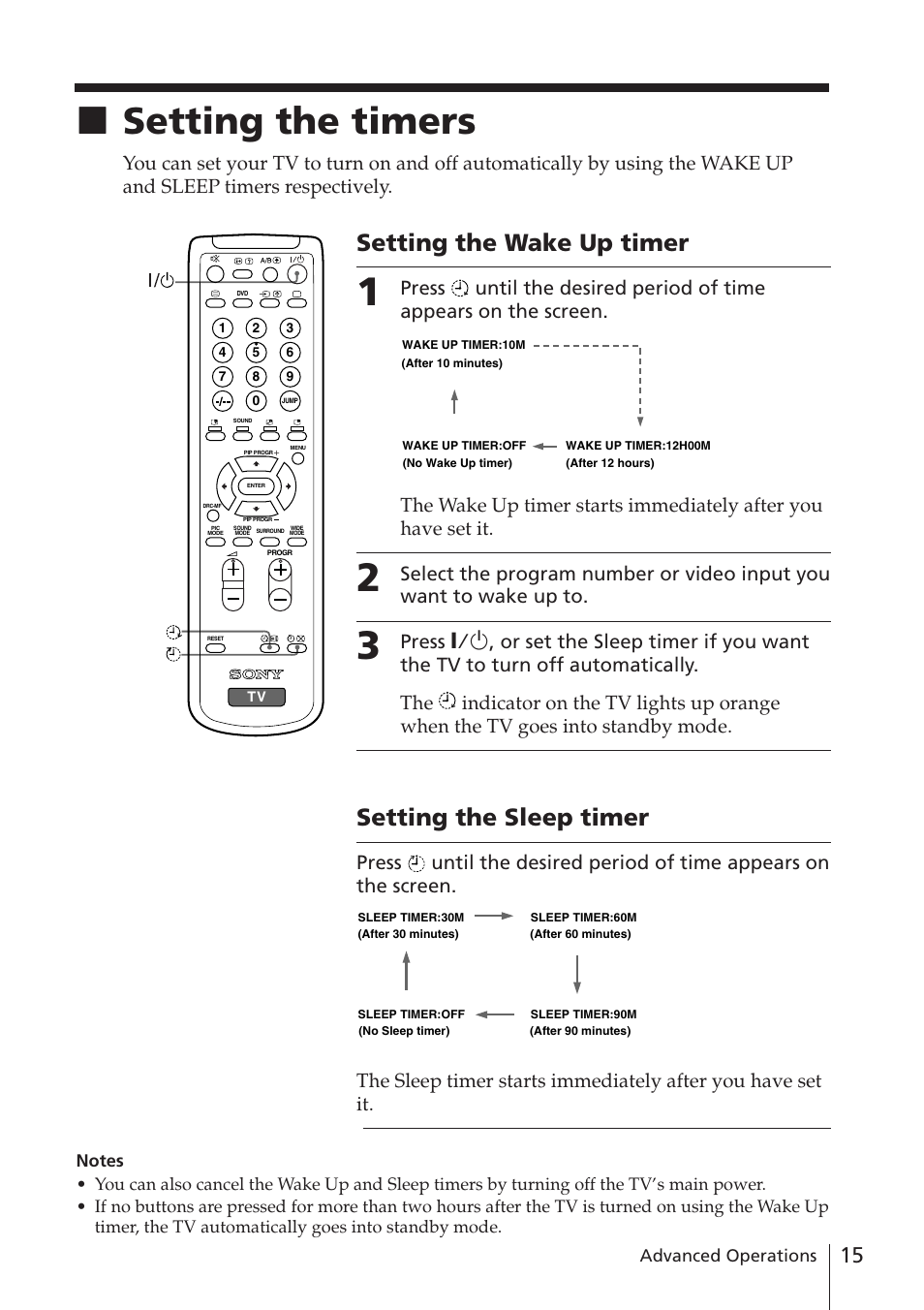 Setting the timers, Xsetting the timers, Setting the wake up timer | Setting the sleep timer | Sony WEGA KV-DR34 User Manual | Page 15 / 37