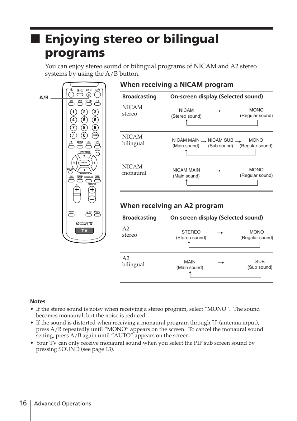 Enjoying stereo or bilingual programs, Xenjoying stereo or bilingual programs, When receiving a nicam program | When receiving an a2 program, Advanced operations | Sony WEGA KV-DR34 User Manual | Page 16 / 37