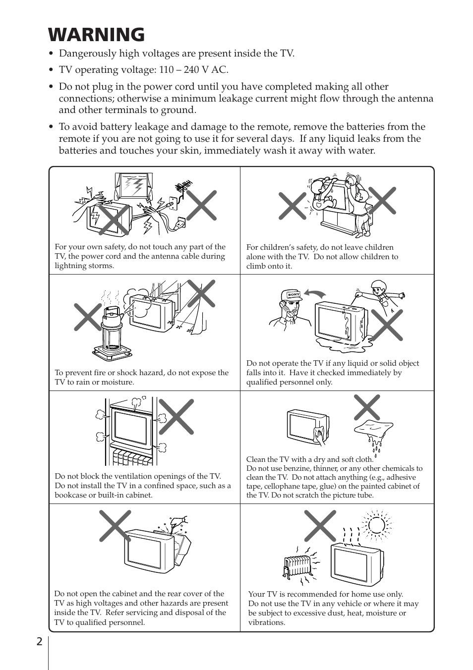 Warning | Sony WEGA KV-DR34 User Manual | Page 2 / 37