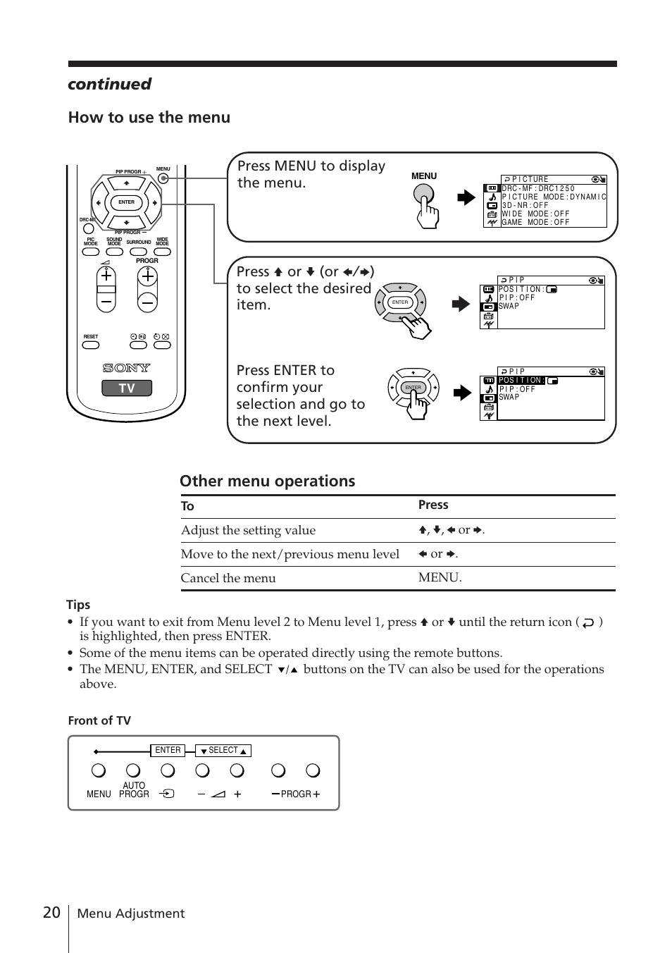 How to use the menu, Other menu operations, Continued | Menu adjustment | Sony WEGA KV-DR34 User Manual | Page 20 / 37