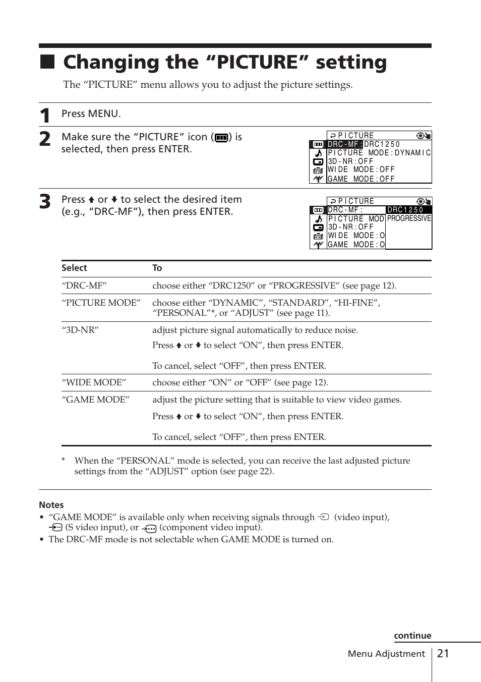 Changing the “picture” setting, Xchanging the “picture” setting | Sony WEGA KV-DR34 User Manual | Page 21 / 37