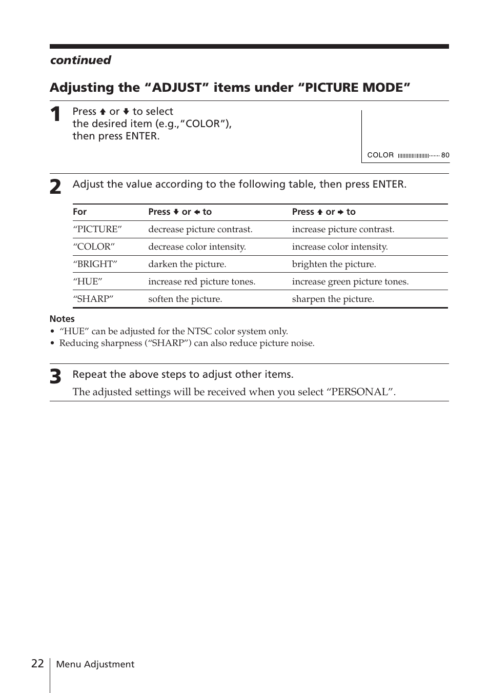 Adjusting the “adjust” items under “picture mode | Sony WEGA KV-DR34 User Manual | Page 22 / 37