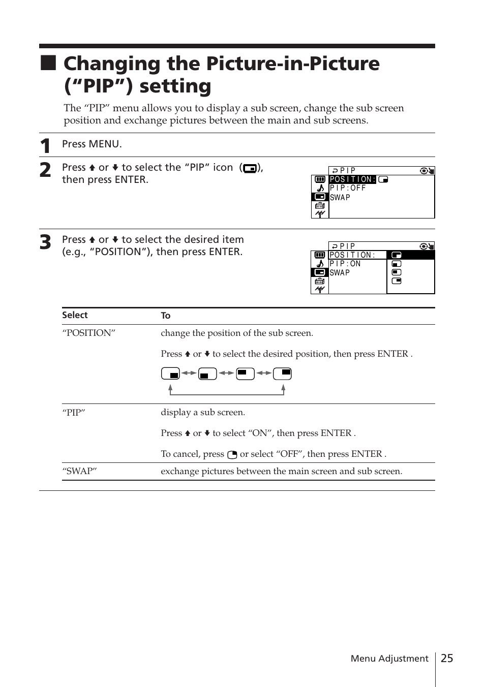 Changing the picture-in-picture (“pip”) setting | Sony WEGA KV-DR34 User Manual | Page 25 / 37