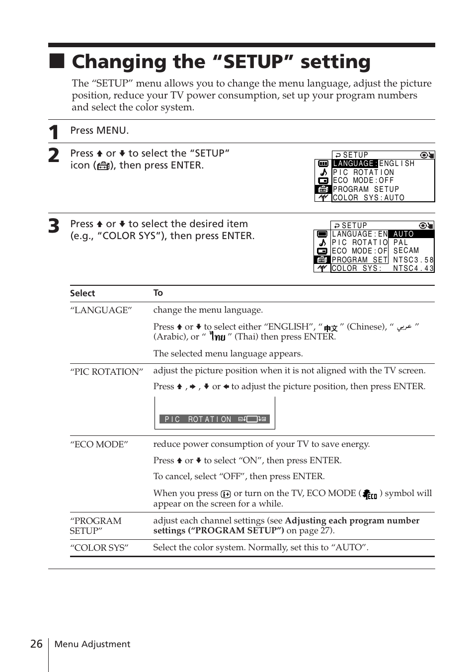 Changing the “setup” setting | Sony WEGA KV-DR34 User Manual | Page 26 / 37