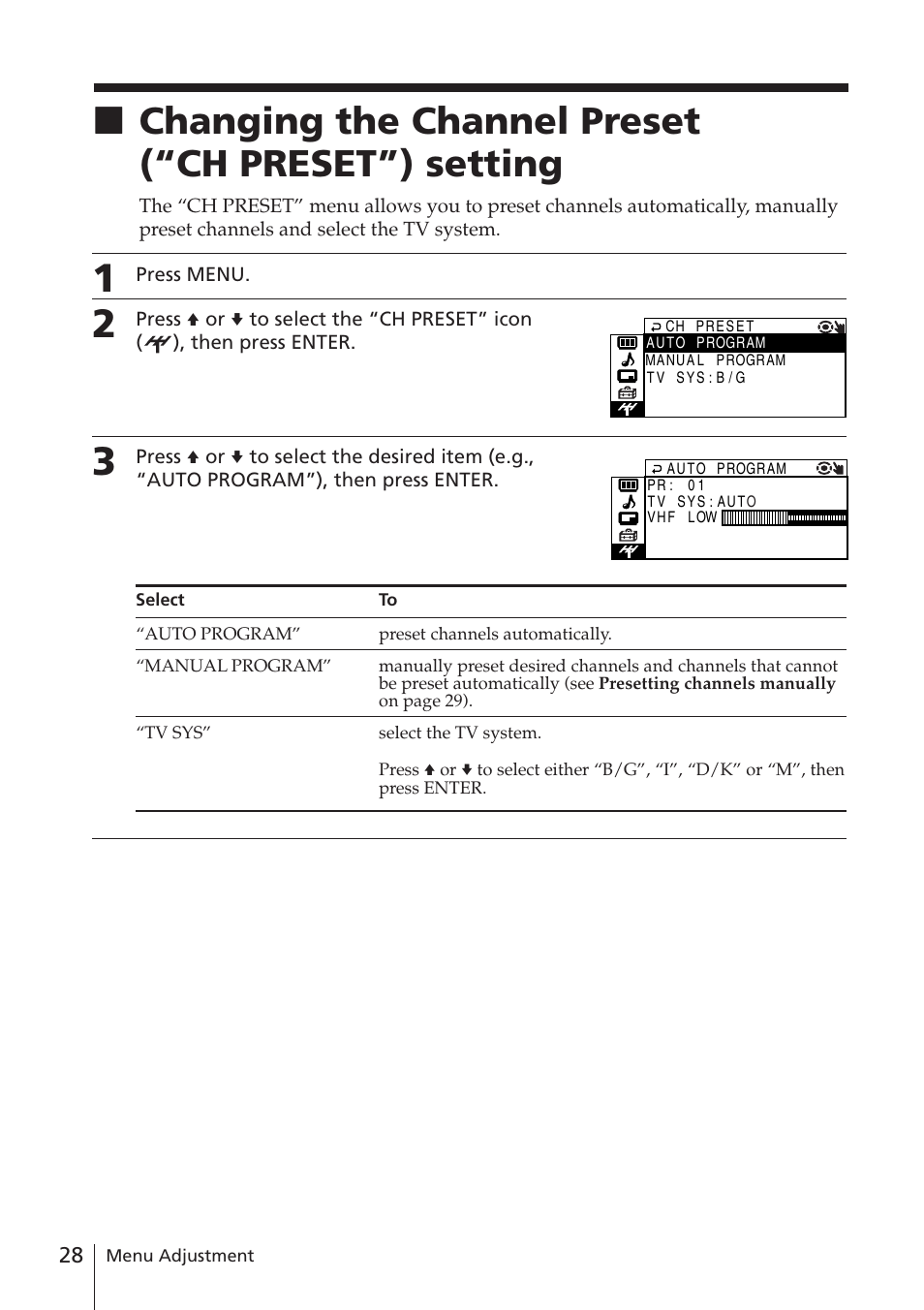 Changing the channel preset (“ch preset”) setting, Xchanging the channel preset (“ch preset”) setting | Sony WEGA KV-DR34 User Manual | Page 28 / 37