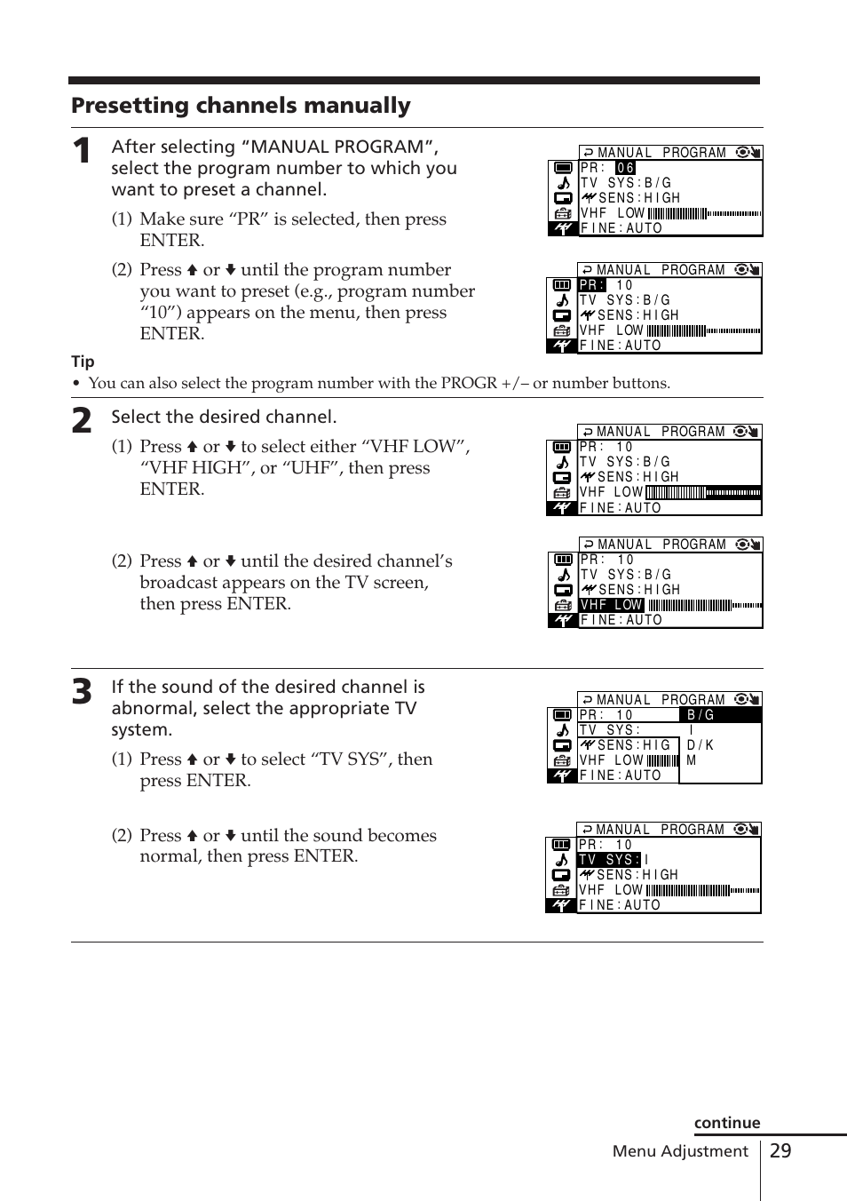 Presetting channels manually | Sony WEGA KV-DR34 User Manual | Page 29 / 37