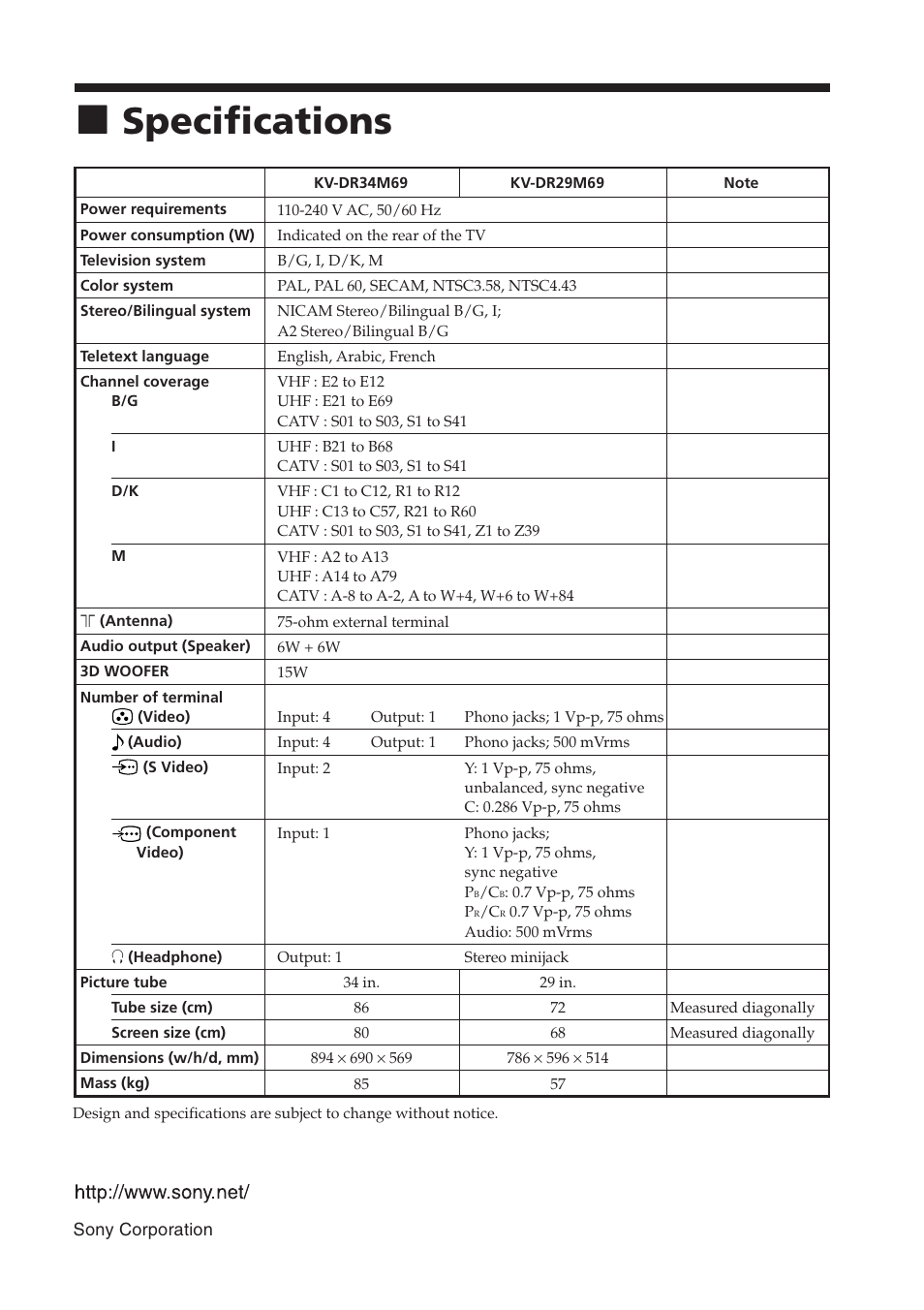 Specifications ...................... back cover, Specifications | Sony WEGA KV-DR34 User Manual | Page 37 / 37