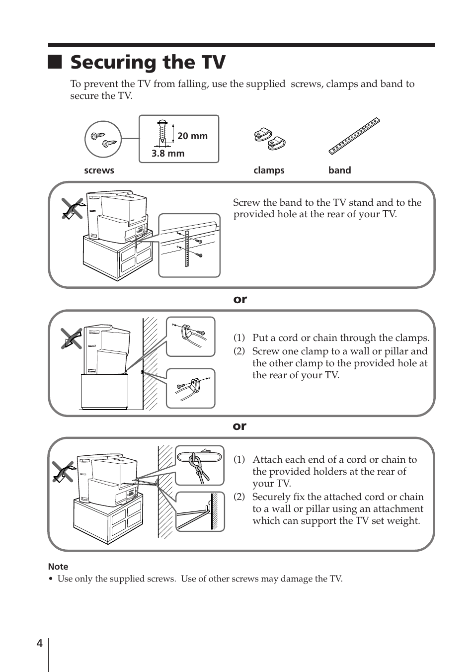 Xsecuring the tv | Sony WEGA KV-DR34 User Manual | Page 4 / 37