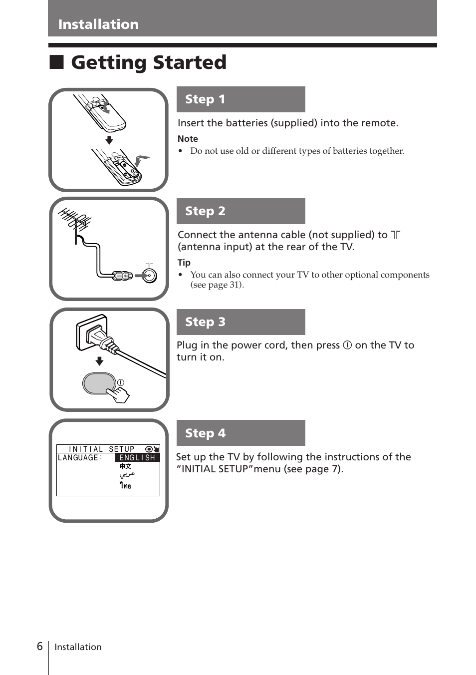 Installation, Getting started, Xgetting started | Sony WEGA KV-DR34 User Manual | Page 6 / 37