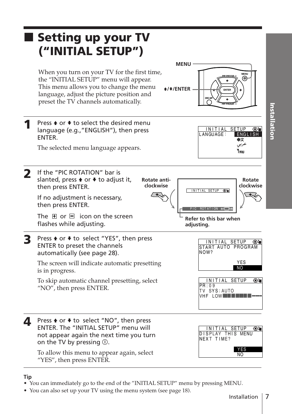 Setting up your tv (“initial setup”), Xsetting up your tv (“initial setup”) | Sony WEGA KV-DR34 User Manual | Page 7 / 37