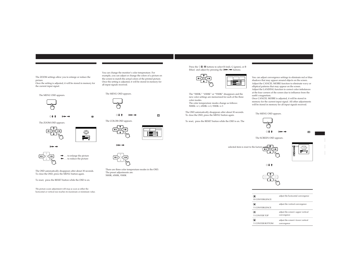 Using the color on-screen display, Using the zoom on-screen display, Using the screen on-screen display | Sony CPD-520GST9 User Manual | Page 10 / 55