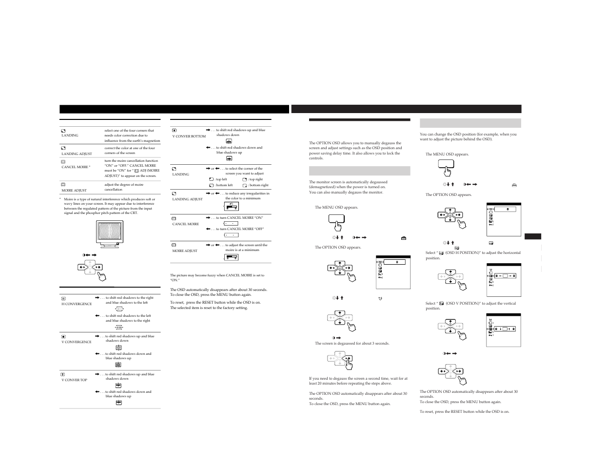 Using the option on-screen display, Customizing your monitor, Getting started customizing your monitor | Degaussing the screen, Changing the on-screen display position | Sony CPD-520GST9 User Manual | Page 11 / 55