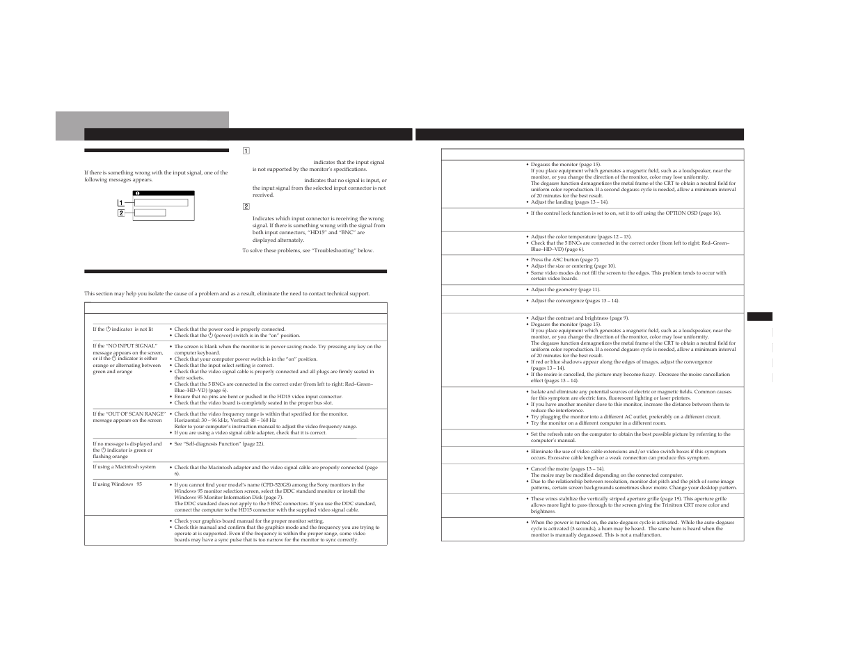Warning messages, Troubleshooting | Sony CPD-520GST9 User Manual | Page 14 / 55