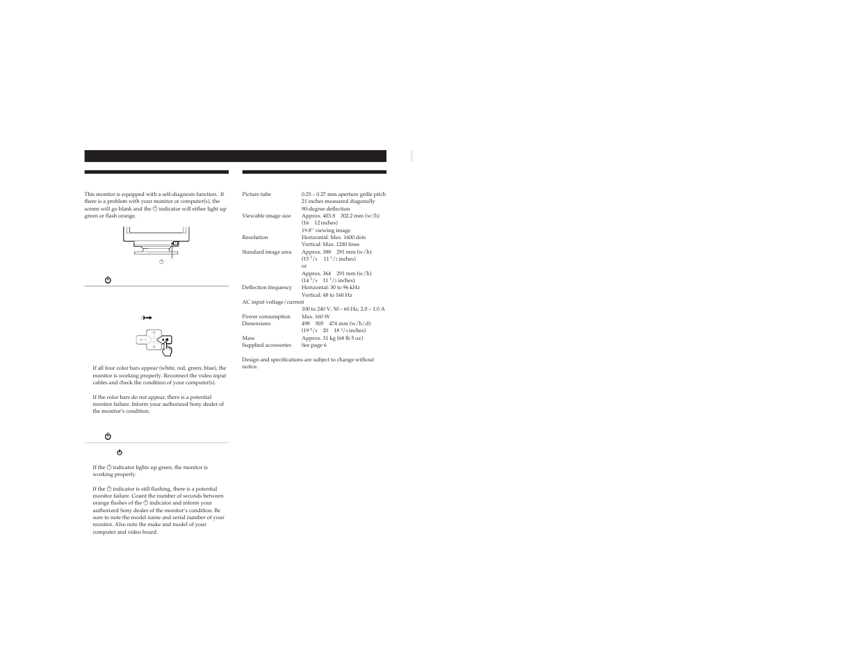 Self-diagnosis function, Specifications | Sony CPD-520GST9 User Manual | Page 15 / 55