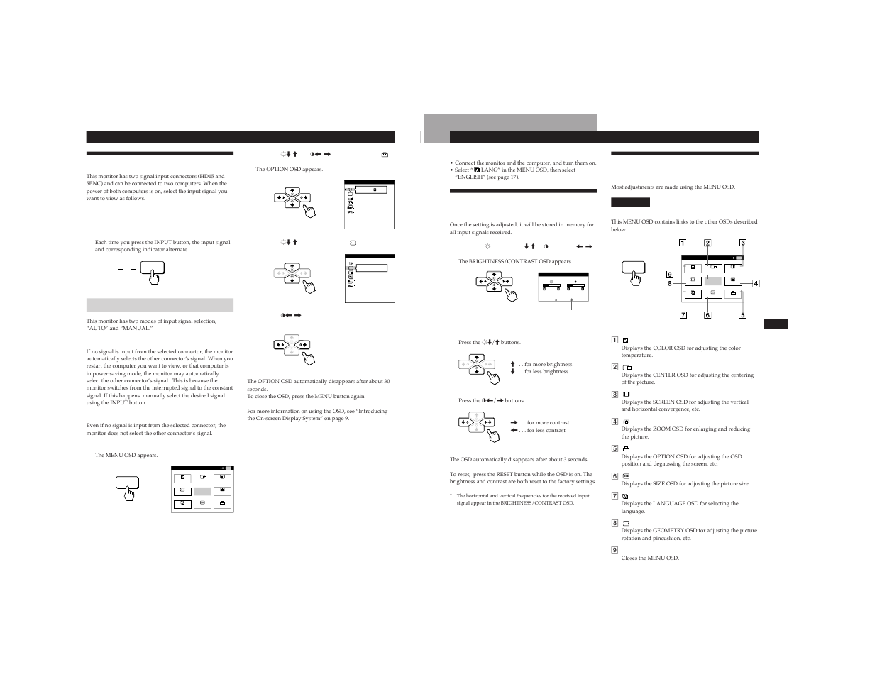 Selecting the input signal, Adjusting the picture brightness and contrast, Introducing the on-screen display system | Sony CPD-520GST9 User Manual | Page 8 / 55