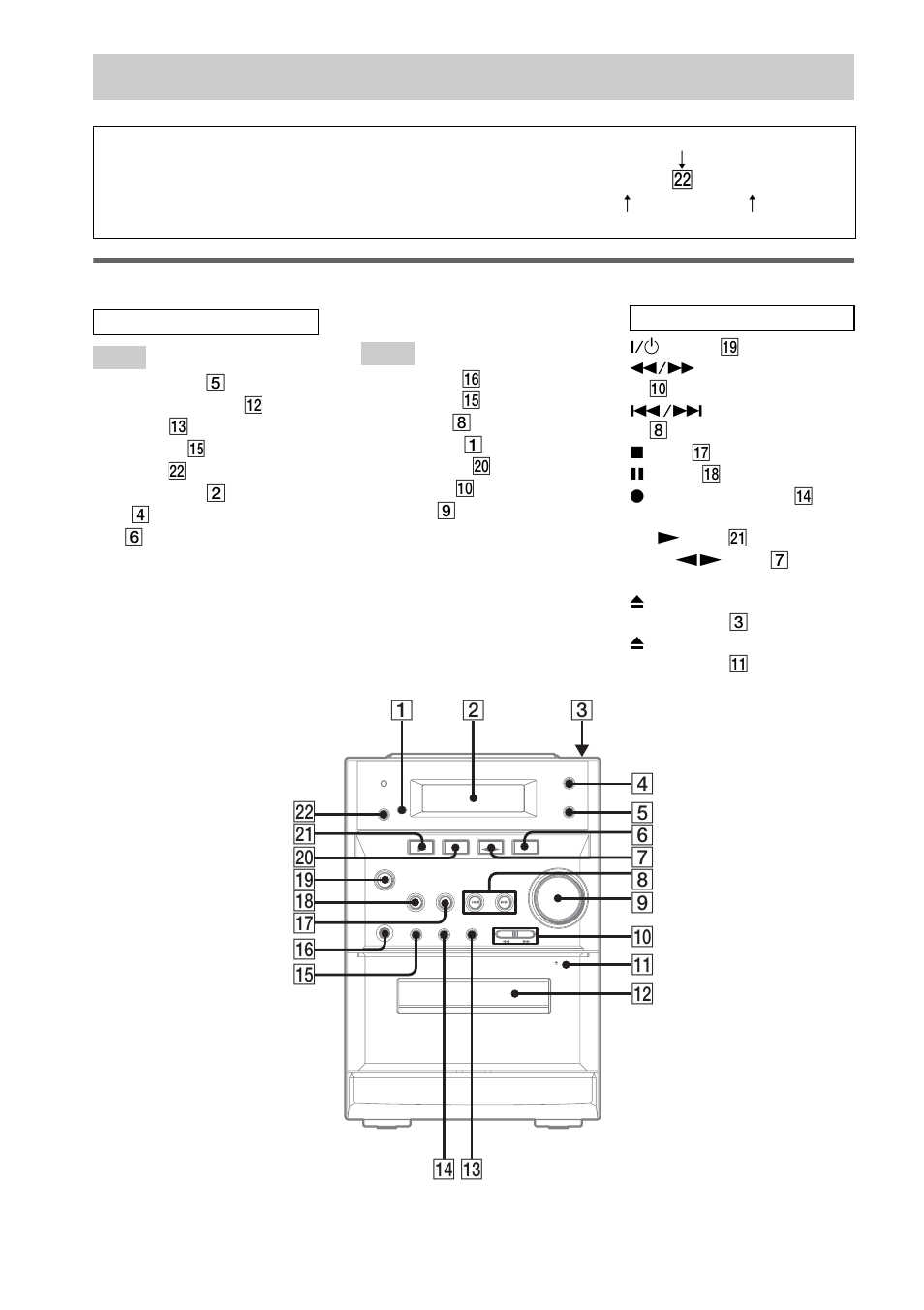 List of button locations and reference, List of button locations and reference pages, Main unit | Sony CMT-EP414 User Manual | Page 24 / 28