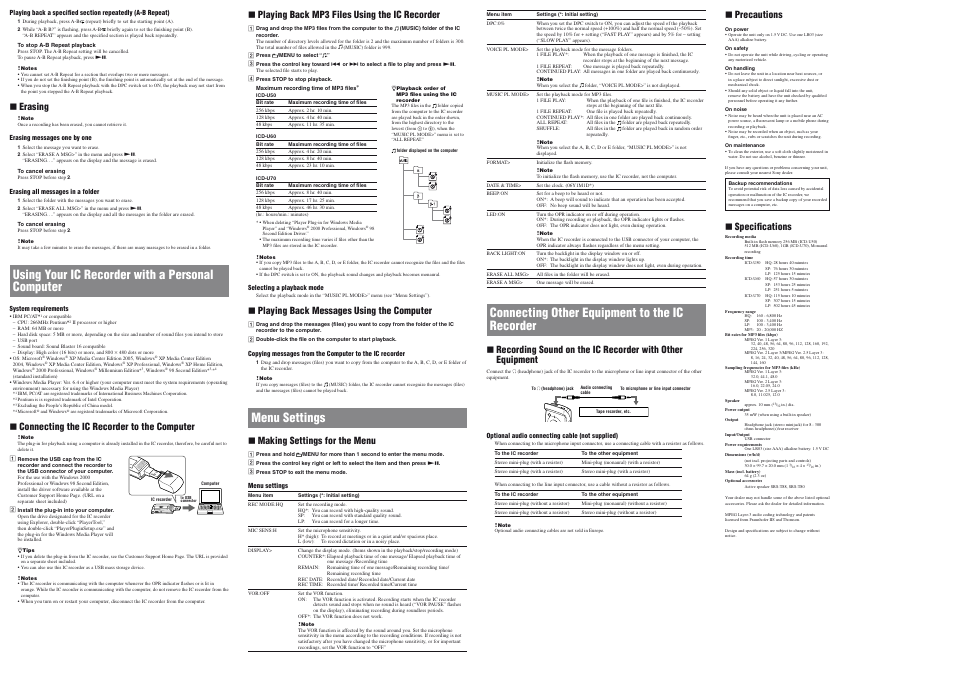 Using your ic recorder with a personal computer, Menu settings, Connecting other equipment to the ic recorder | Erasing, Connecting the ic recorder to the computer, Playing back mp3 files using the ic recorder, Playing back messages using the computer, Making settings for the menu, Precautions, Specifications | Sony ICDU70 User Manual | Page 2 / 2