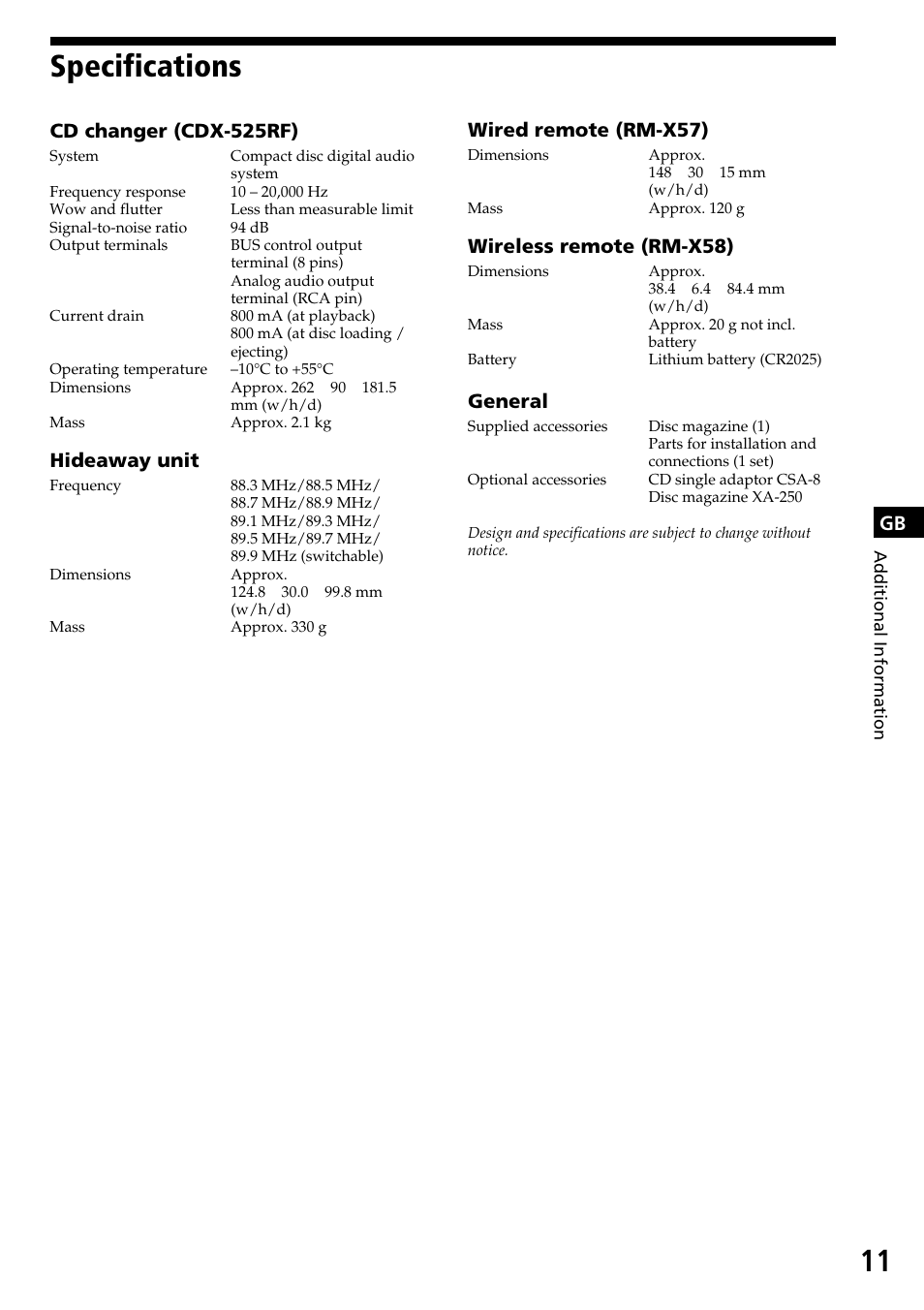 Specifications, Gb cd changer (cdx-525rf), Hideaway unit | Wired remote (rm-x57), Wireless remote (rm-x58), General | Sony CDX-525RF User Manual | Page 11 / 52