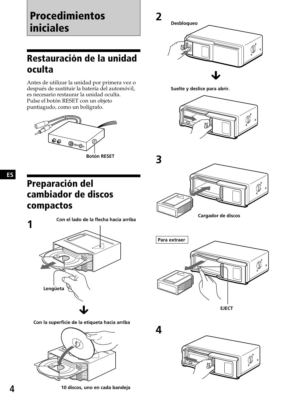 Procedimientos iniciales, Restauración de la unidad oculta, Preparación del cambiador de discos compactos | Sony CDX-525RF User Manual | Page 16 / 52